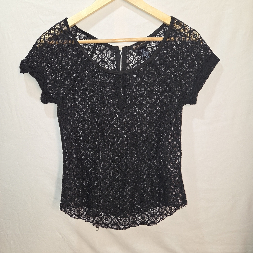 Black Lacy Layer Tee Size M Grass Collection Short Sleeve Zipper Goth Feminine